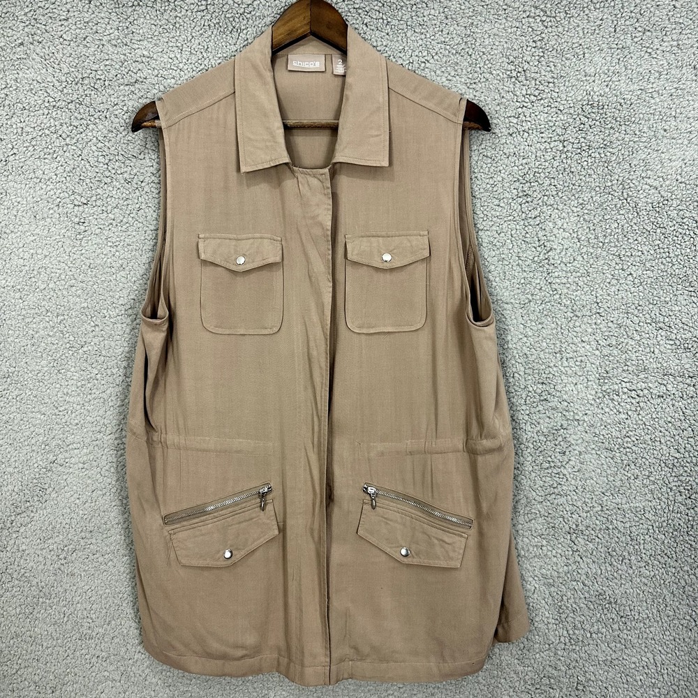 Chicos Sleeveless Top Womens‎ 2 Medium Brown Snap Button Safari Utility Gorpcore
